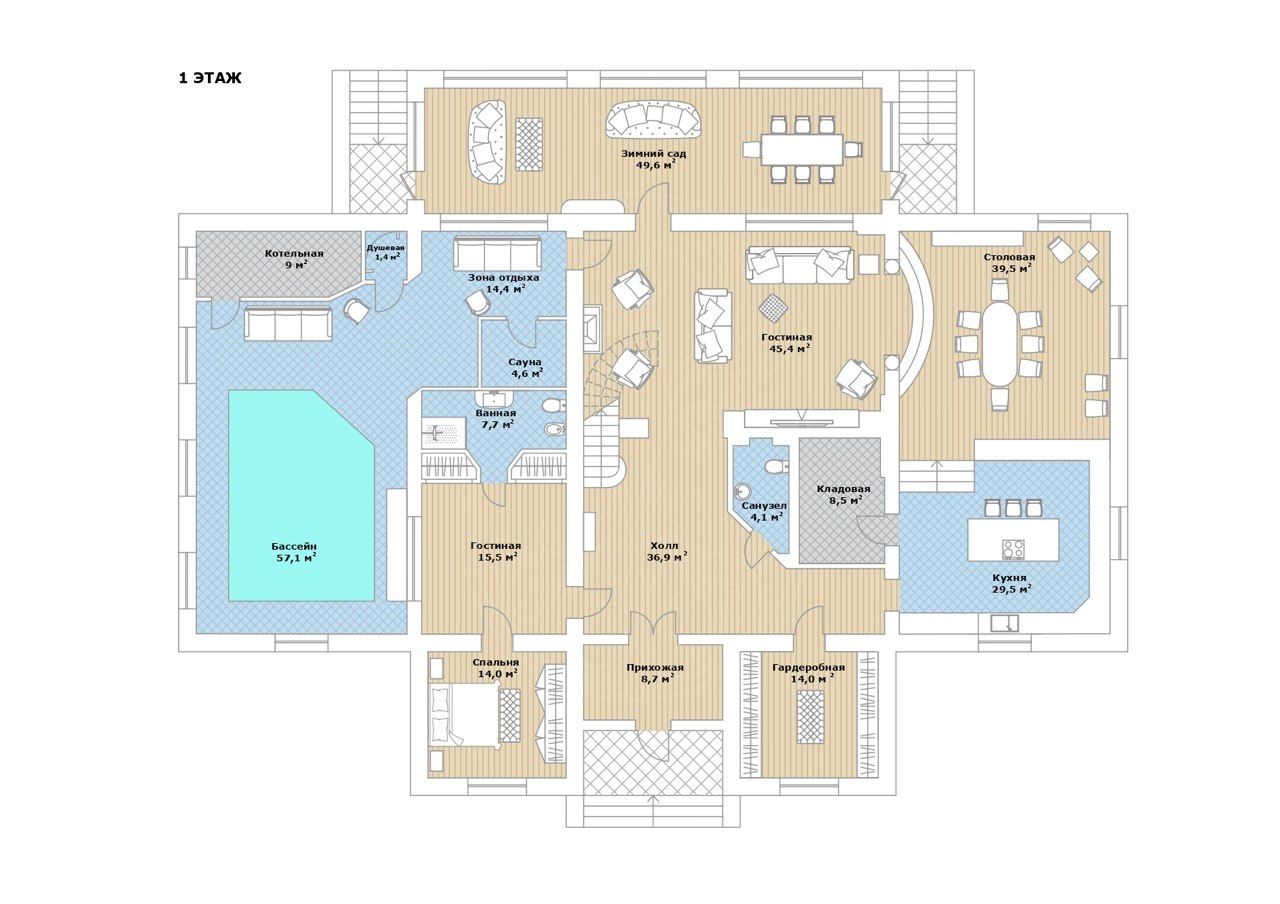 1 этаж: Дом с бассейном на прилесном участке в КП Петровский парк